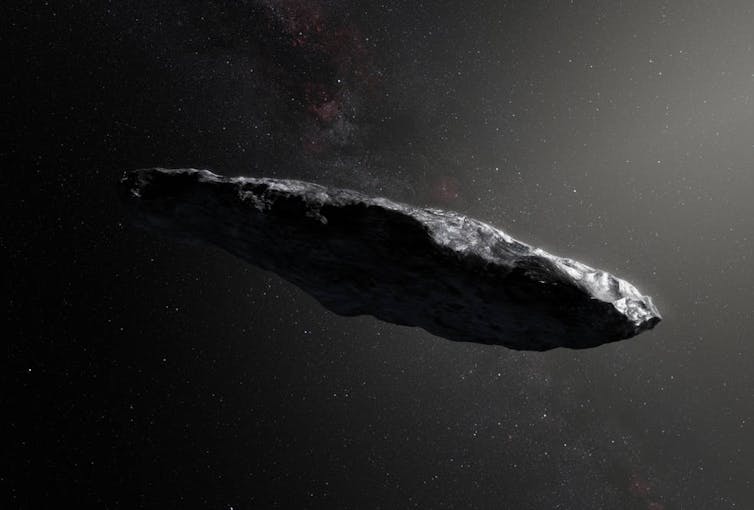 An illustration of a long, thin rock flying through space.