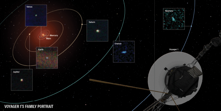 Simulated view of Voyager 1's view across the solar system